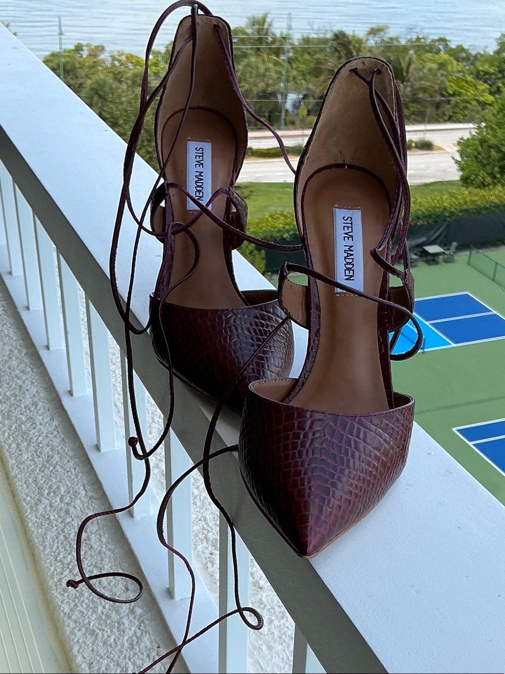 Steve Madden Burgundy Faux-Croc Lace-Up Pointed-Toe Heels